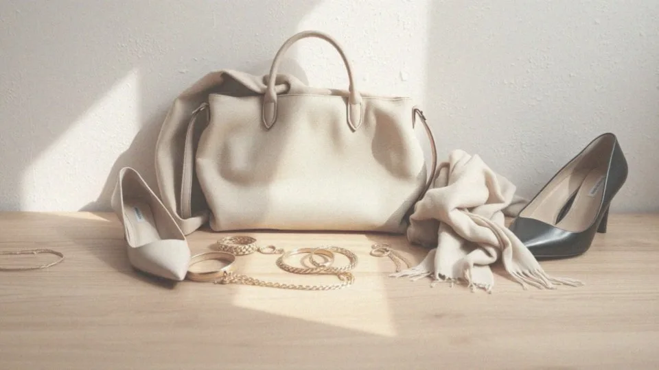 Jakie akcesoria uzupełnią stylizację z beżową sukienką i butami?